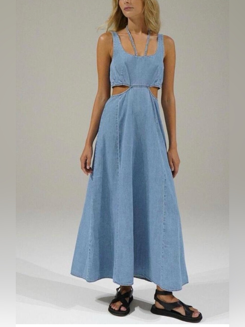 LNA Lorelei Chambray Cut Out Maxi Dress Denim Sleeveless Resort XS⁠